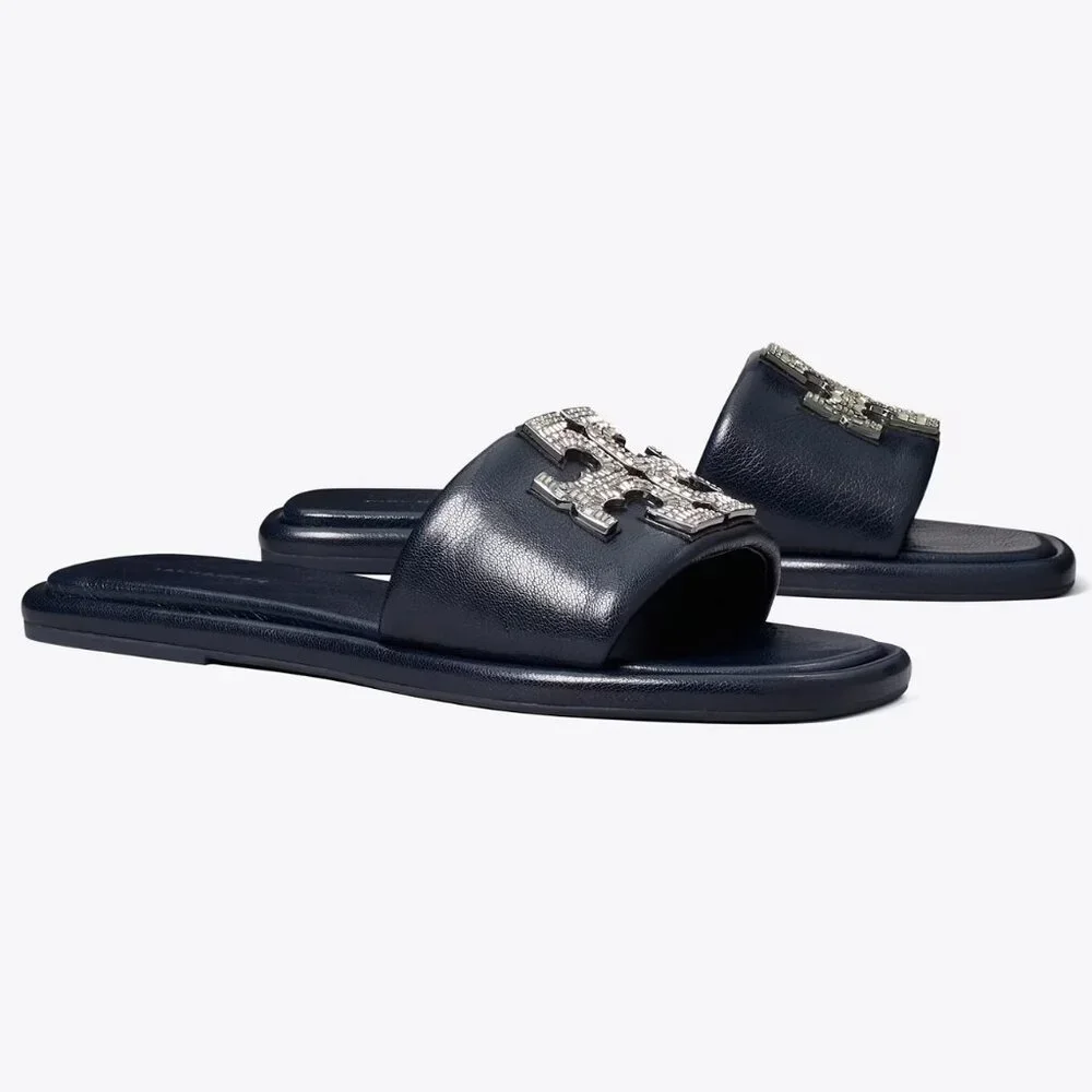 Tory Burch $258 DOUBLE T DECO SPORT SLIDE New Navy Rhinestones Embellished Flats
